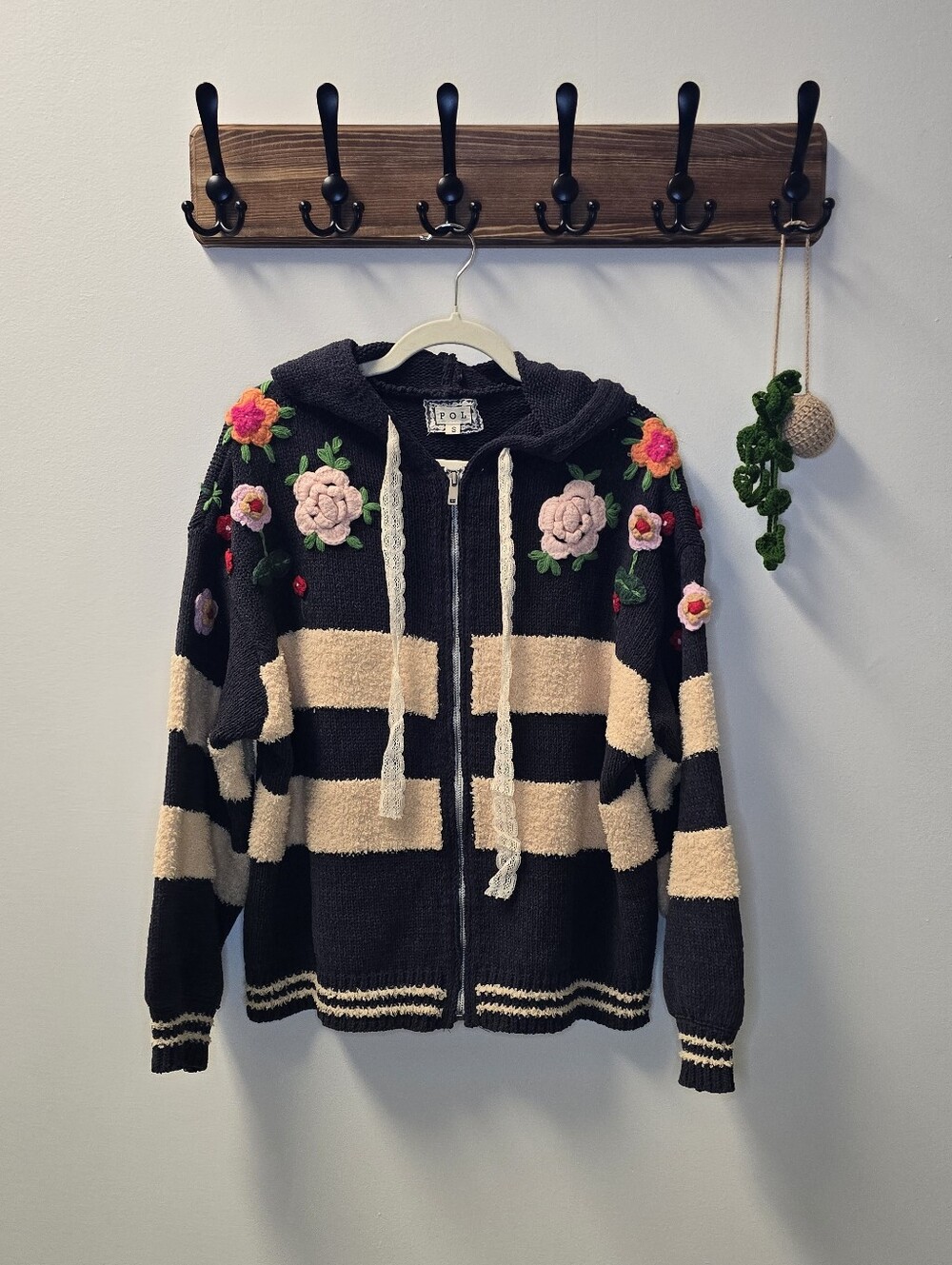 POL Chenille Stripped 3D Embroidered Zipup Sweater Hoodie - Taupe / Charcoal